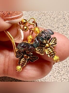 Hand Crafted blue/Bee Dangle Earrings - Silver Tone
